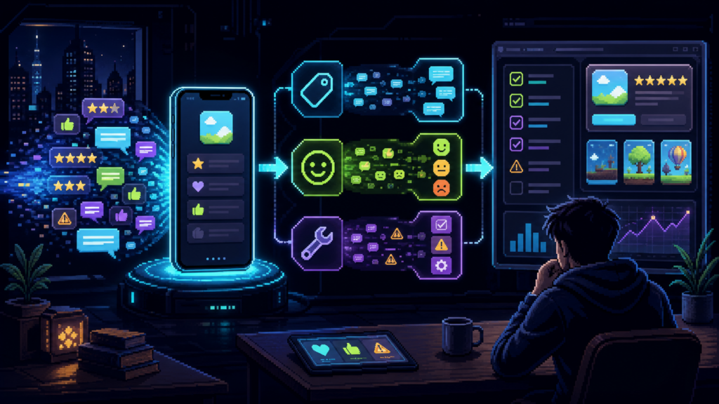 ASO kullanıcı yorumlarının tema, duygu ve ürün aksiyonlarına ayrılarak vibe coding geliştirme döngüsüne bağlanmasını gösteren piksel sanat görseli
