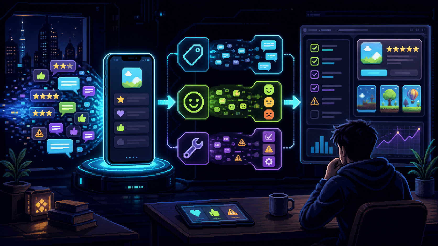 ASO kullanıcı yorumlarının tema, duygu ve ürün aksiyonlarına ayrılarak vibe coding geliştirme döngüsüne bağlanmasını gösteren piksel sanat görseli