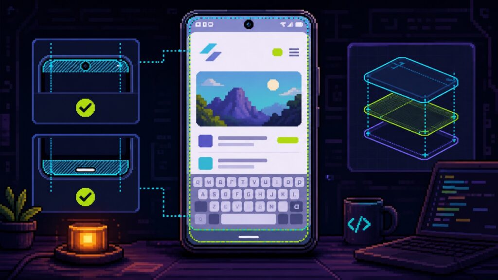 Flutter Android edge-to-edge düzeninde güvenli alanları gösteren piksel sanat mobil arayüz