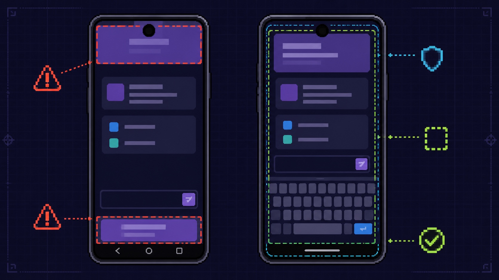 Android edge-to-edge sorununun bozuk ve güvenli alanlarla düzeltilmiş Flutter arayüzü karşılaştırması