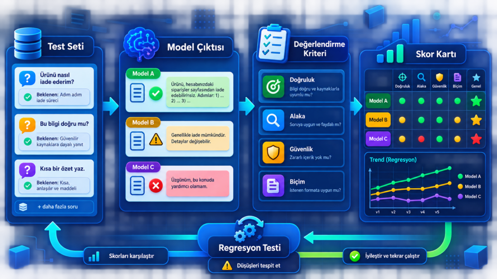 LLM evals sürecinde test seti, model çıktısı, değerlendirme kriteri ve skor kartı akışı
