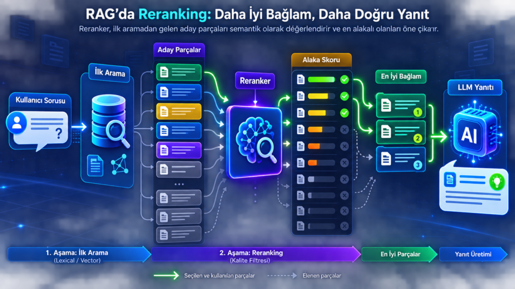 RAG reranking akışında kullanıcı sorusu, ilk arama, aday parçalar, reranker ve en iyi bağlam