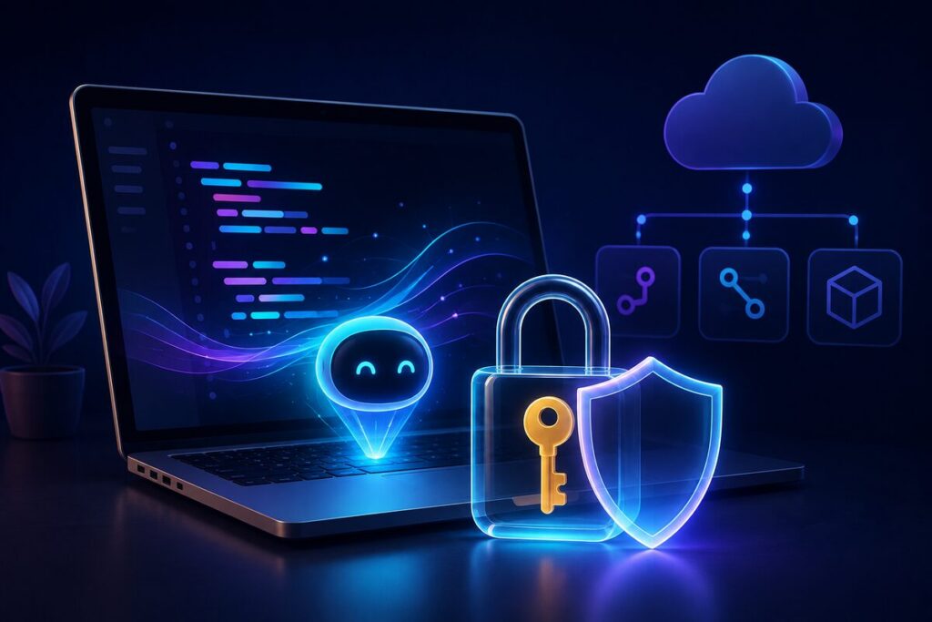 Vibe coding projelerinde API anahtarını koruyan kilit ve kalkan illüstrasyonu