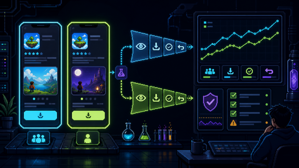 Vibe coding ASO deney tasarımında kontrol ve varyant mağaza kartlarının kaliteli kullanıcı sinyalleriyle karşılaştırılmasını gösteren piksel sanat görseli