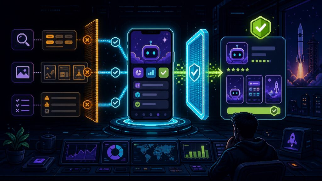 Vibe coding ASO sürecinde anahtar kelime, ekran görüntüsü ve uygulama özelliklerinin doğrulanarak mağaza sayfasına aktarılmasını gösteren piksel sanat görseli