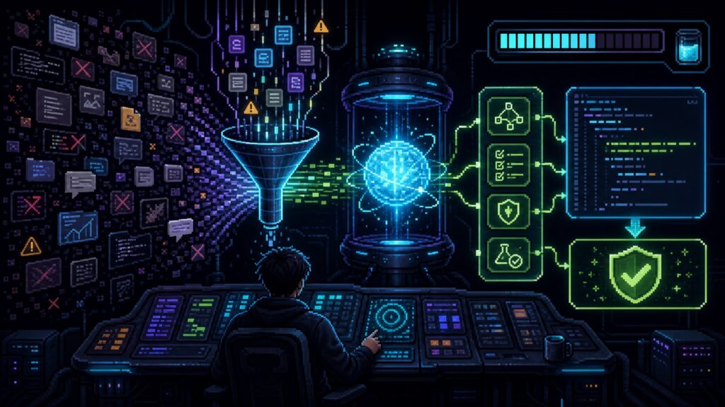 Vibe coding bağlam mühendisliğinde dağınık proje bilgilerinin filtrelenerek AI ajanına aktarılmasını gösteren piksel sanat görseli