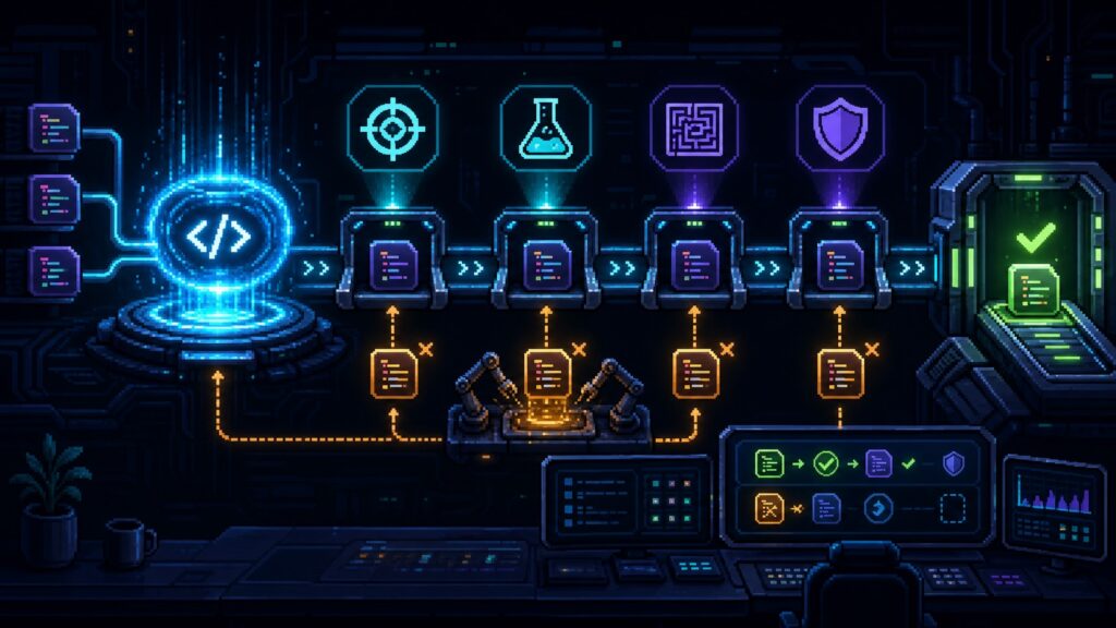 Vibe coding eval-driven development sürecinde AI kodunun hedef, test, edge-case ve regresyon kontrollerinden geçişini gösteren piksel sanat görseli