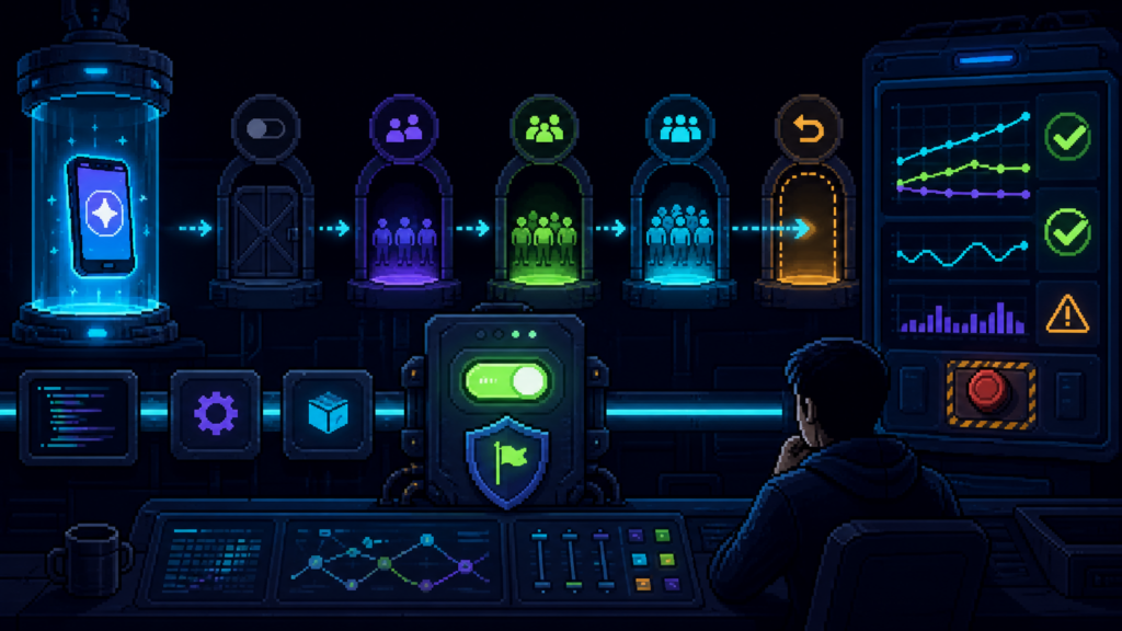 Vibe coding feature flag akışında yeni özelliğin kapalıdan kademeli yayına ve güvenli geri almaya ilerlemesini gösteren piksel sanat görseli