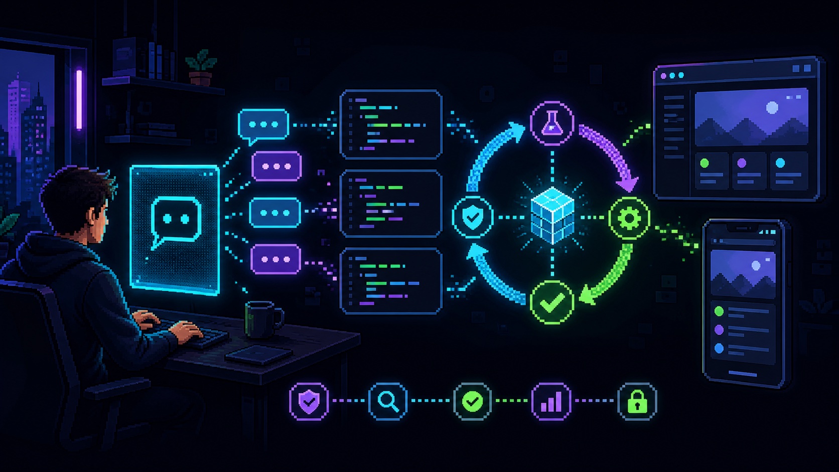 Vibe coding sürecinde doğal dil istemlerinin kod, test ve çalışan uygulamaya dönüşmesini gösteren piksel sanat görseli