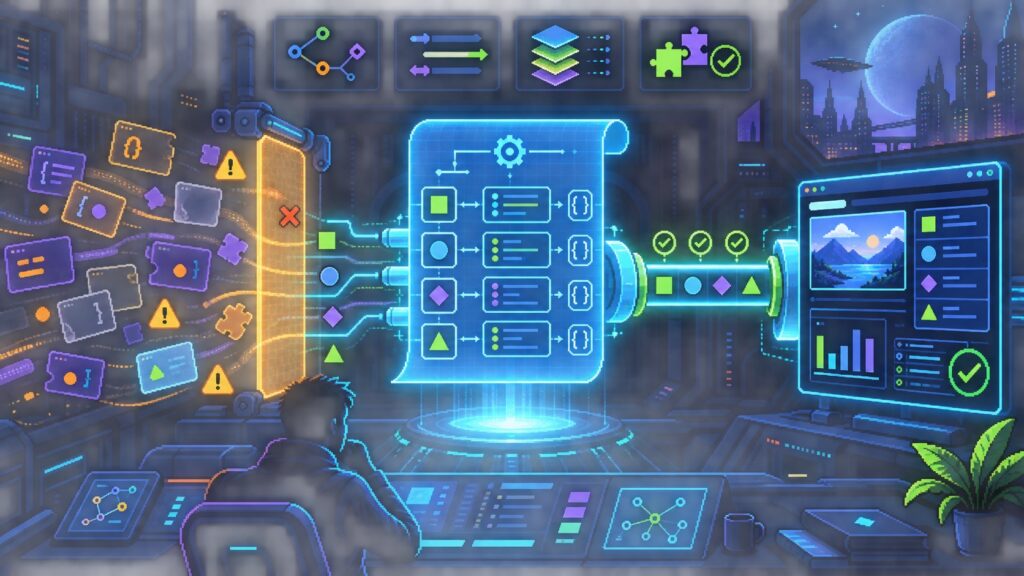 Vibe coding şema önce API yaklaşımında belirsiz veri parçalarının sözleşme doğrulamasından geçerek uygulamaya aktarılmasını gösteren piksel sanat görseli