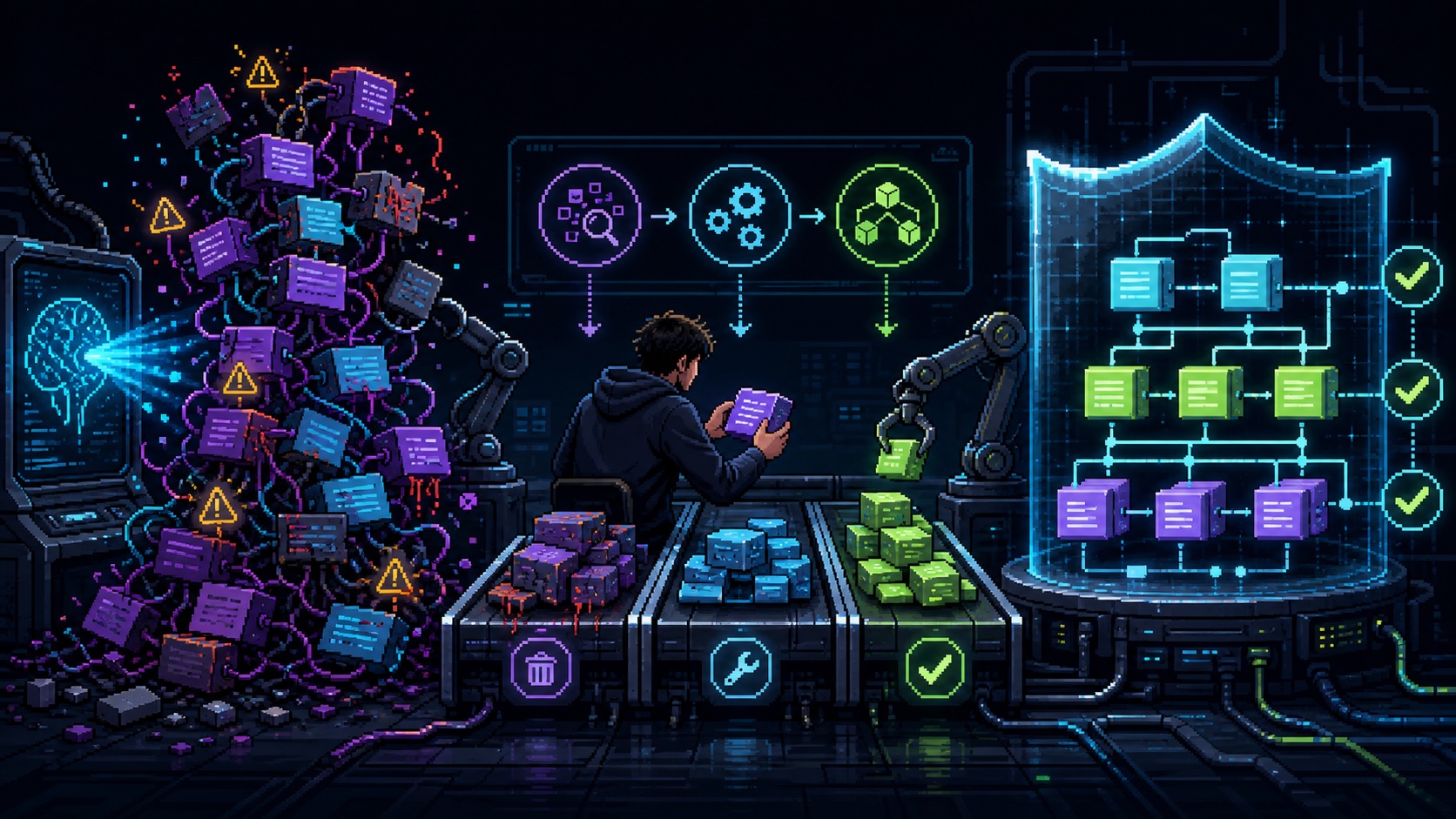 Vibe coding ile oluşan karmaşık kodun test ve refactoring süreciyle düzenli mimariye dönüşmesini gösteren piksel sanat görseli