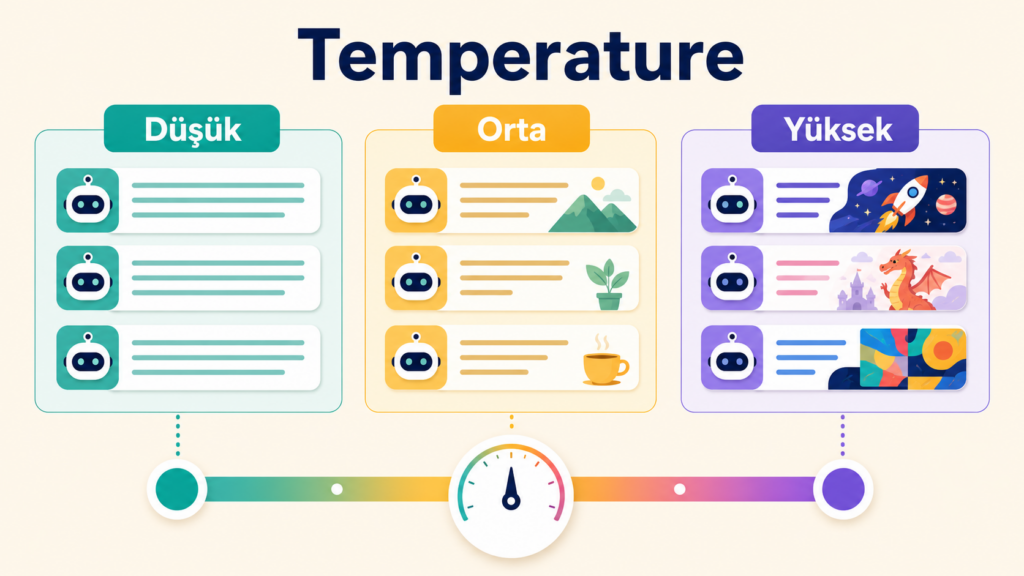 Yapay zekâda temperature ayarının düşük, orta ve yüksek değerlerde yanıt çeşitliliğini göstermesi