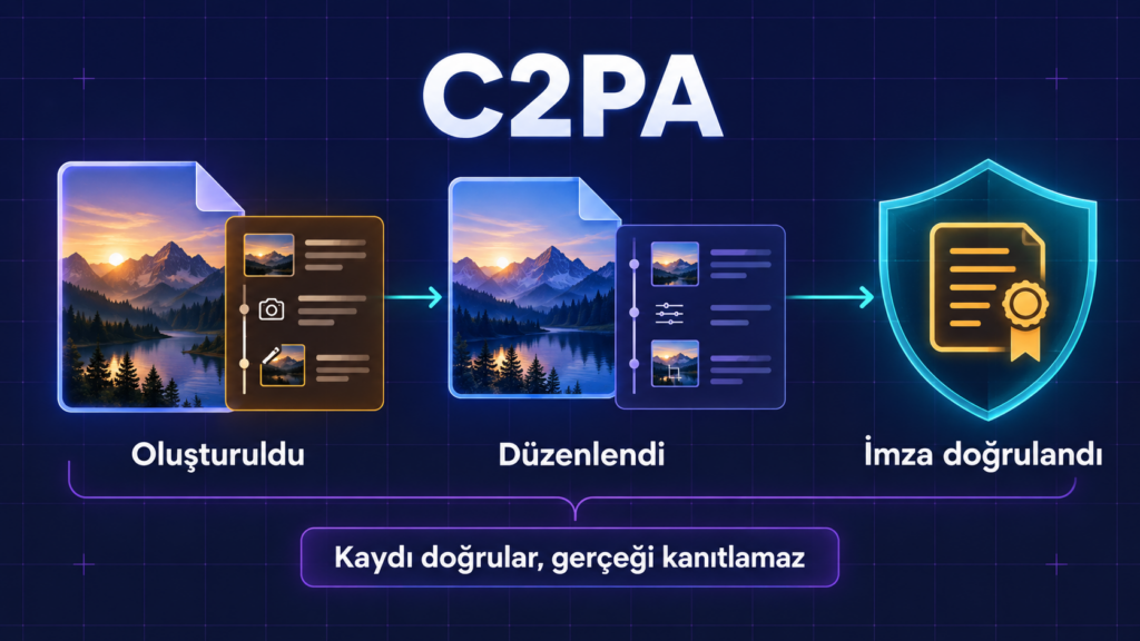C2PA içerik kimlik bilgileri için dosyanın oluşturulma, düzenlenme ve imza doğrulama adımlarını gösteren infografik.