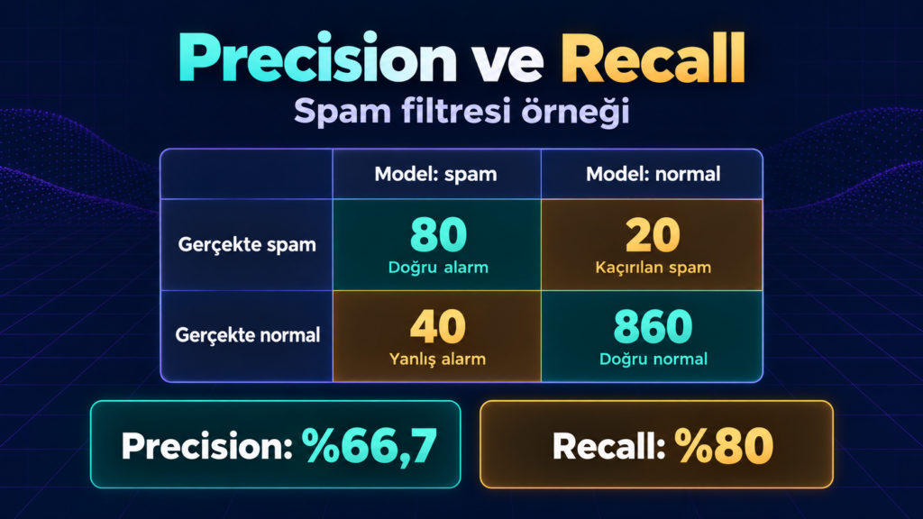 Precision ve recall için spam filtresi tablosu: 80 doğru alarm, 20 kaçırılan spam, 40 yanlış alarm ve 860 doğru normal karar. Precision yüzde 66,7; recall yüzde 80.